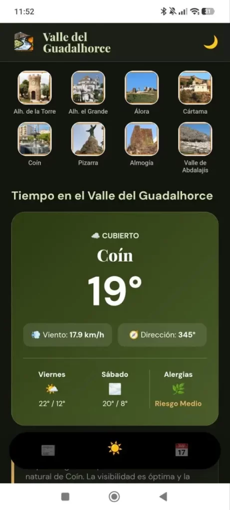 Experiencia de uso de la PWA de Valle del Guadalhorce a pantalla completa en móvil, sin barra de navegador