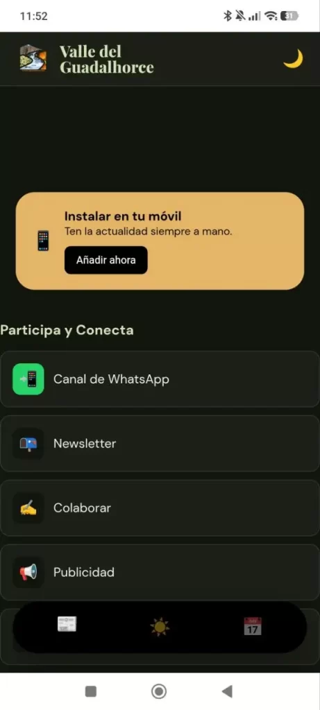 Pantalla de instalación de la PWA del Valle del Guadalhorce en un móvil Android